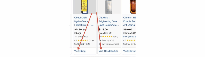 A Google search results page for "face serum" displays three sponsored ads—Obagi Daily Hydro-Drops, Caudalie VinoPerfect Serum, and Clarins Double Serum—each featuring prices and a call-to-action button to visit their websites.