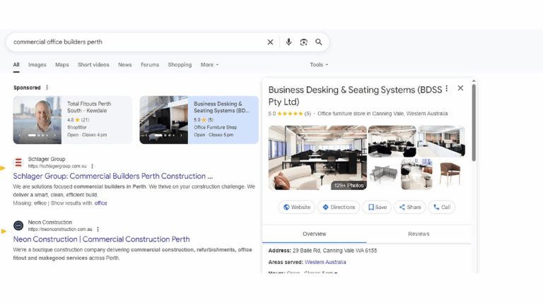 A Google search for "commercial office builders perth" shows results, with a highlighted business profile for Business Desking & Seating Systems in Canning Vale, Western Australia. Draft created on September 14 2025, includes images, address, and contact details.