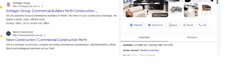 A Google search for "commercial office builders perth" shows results, with a highlighted business profile for Business Desking & Seating Systems in Canning Vale, Western Australia. Draft created on September 14 2025, includes images, address, and contact details.