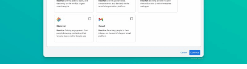 A computer screen shows a Google Ads setup page. An arrow points to the default “All channels” option, used for PMax campaigns, allowing ads to run across Google Search, YouTube, Display, and more. Other ad channel options are listed below.