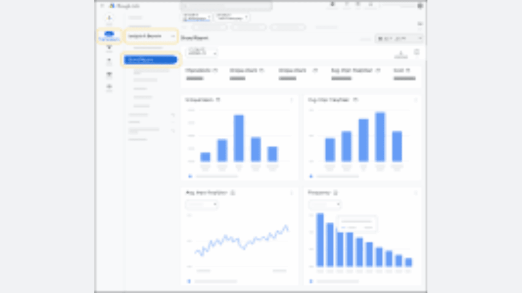 A blurred screenshot of a data analytics dashboard shows multiple blue bar and line graphs labeled Impressions, Avg. Video Played %, Reach & Frequency Metrics, Avg. View Duration, and Co-Viewing stats. The "Imported Reports" tab is highlighted.