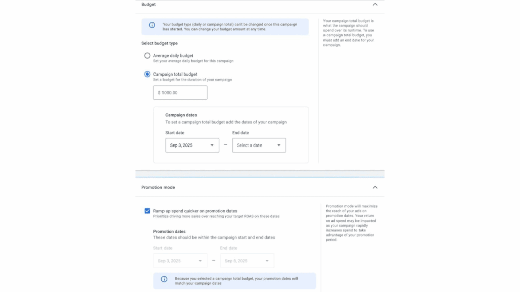 Screenshot of an online campaign budget setup in Google Ads, featuring options for average daily or flighted budgets, entering a $1000 campaign budget, and setting start/end dates. Below are Sales & Promotions Bundle and promotion dates settings.