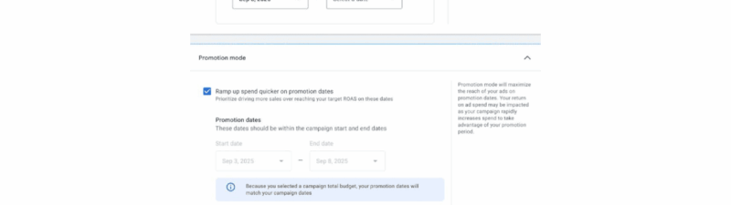 Screenshot of an online campaign budget setup in Google Ads, featuring options for average daily or flighted budgets, entering a $1000 campaign budget, and setting start/end dates. Below are Sales & Promotions Bundle and promotion dates settings.