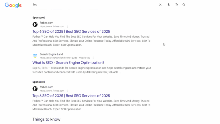 Google search results page showing listings for "Best SEO Services of 2025." The top results are from forbes.com, with snippets on SEO service comparisons, and several search results ads highlighting Google ads services and related information.