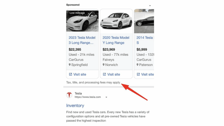 Screenshot showing used car listings with prices, mileage, and locations. A red arrow highlights a disclaimer below the listings that reads, "Tax, title, and processing fees may apply.
