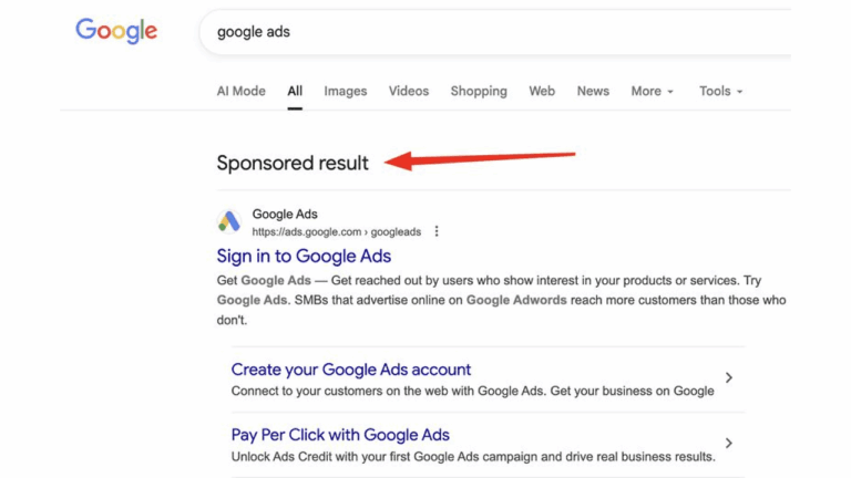A Google search results page for "google ads" showing a "Sponsored Result" label with a red arrow pointing to it, highlighting how Ads appear above organic SEO listings, with the top result featuring an ad for Google Ads.