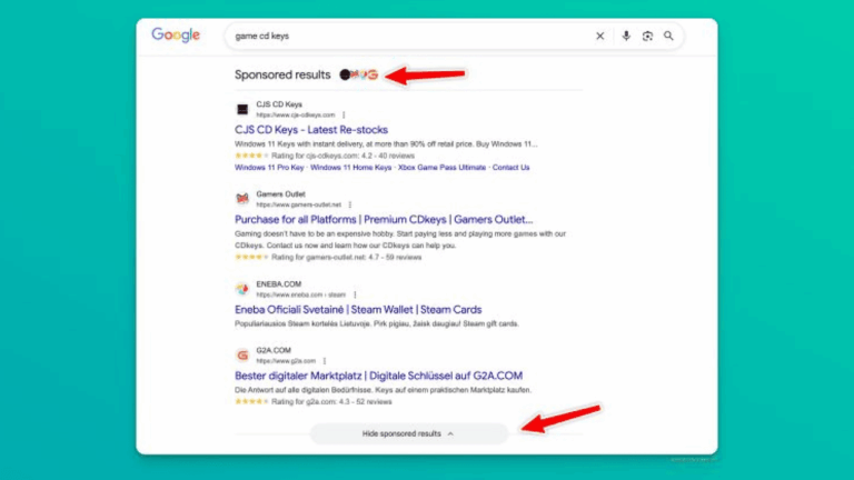 Screenshot of a Google search for "game cd keys" highlighting Sponsored Results at the top, with red arrows pointing to Ad Badges and a "hide sponsored results" button visible at the bottom.
