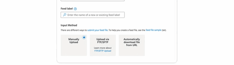 A screenshot of a "Create feed" form in Microsoft Merchant Center, with fields for Feed name, Feed type (highlighted by a red arrow pointing at "Supplemental Feeds"), Language, Feed label, and three feed upload options at the bottom.