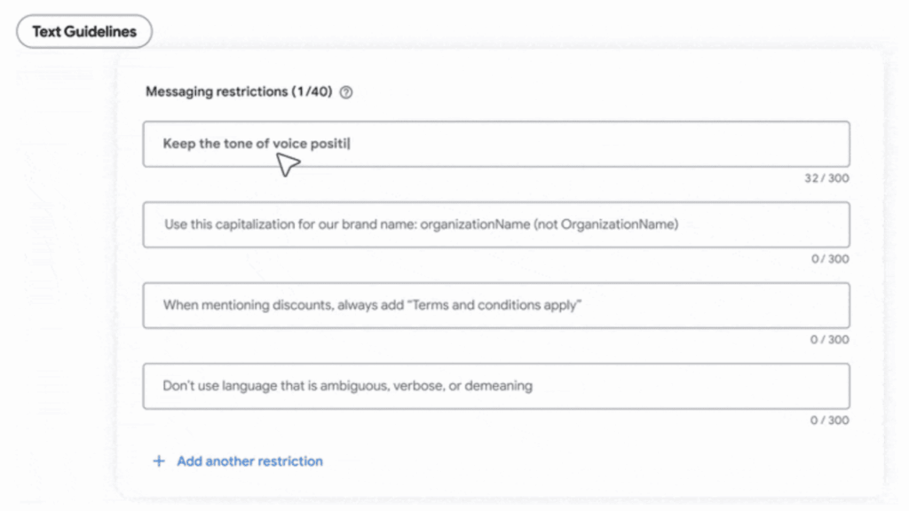 A screenshot of a web interface displaying text guidelines, including messaging restrictions. Example rules about tone, capitalization, discount terms, and clear language are listed in separate text boxes.
