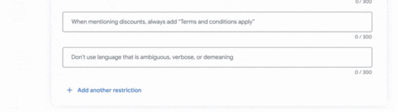 A screenshot of a web interface displaying text guidelines, including messaging restrictions. Example rules about tone, capitalization, discount terms, and clear language are listed in separate text boxes.