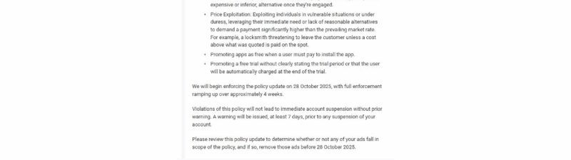 A Google email to advertisers outlines upcoming changes to the Ads Misrepresentation policy effective October 2025, including rules on hidden fees and free trials. Advertisers are urged to review their ads for compliance with updated Google rules.