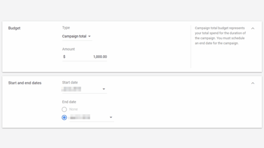 Screenshot of a digital ad campaign setup page displaying a Campaign Total Budget of $1,000.00, with options to select start and end dates. "None" is chosen for the end date, ideal for Performance Max or Google Search campaigns.