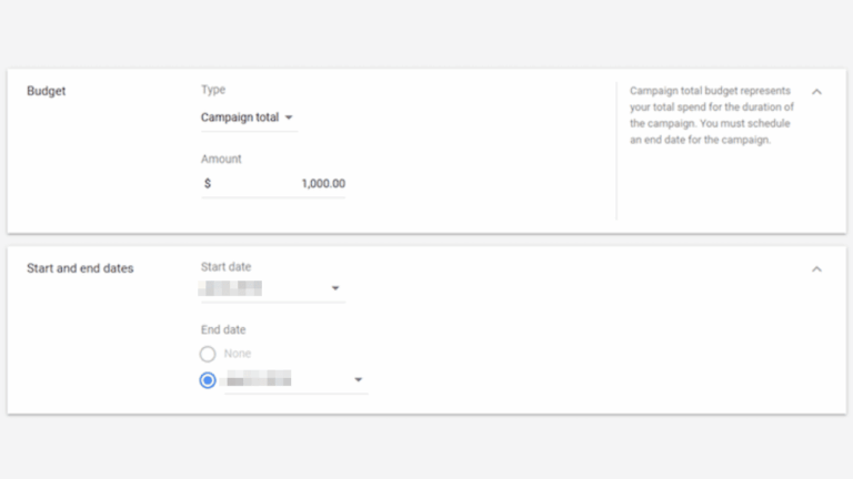 Screenshot of a digital ad campaign setup page displaying a Campaign Total Budget of $1,000.00, with options to select start and end dates. "None" is chosen for the end date, ideal for Performance Max or Google Search campaigns.