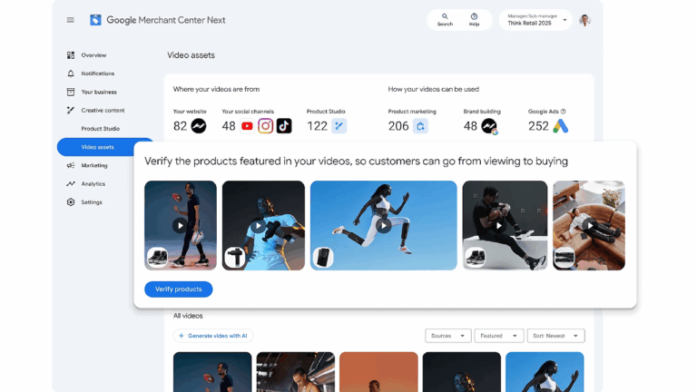 A screenshot of Google Merchant Center Next displays the “Video Assets” section with metrics, a pop-up suggesting to verify featured products in videos, and thumbnails of various athletic product videos for global Google Ads campaigns.