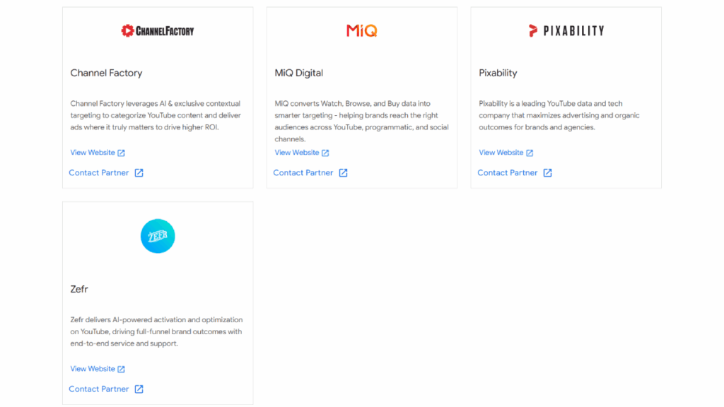 A grid of four cards features logos and descriptions for Channel Factory, MiQ Digital, Pixability, and Zefr—Activation Partners offering streamlined YouTube media buying, with links to visit their websites and contact each partner.