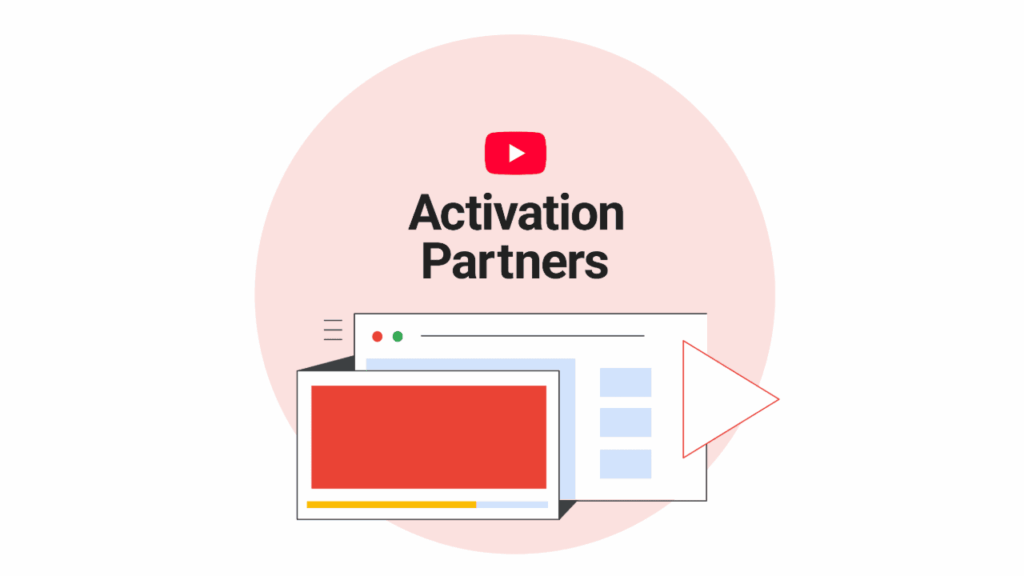 YouTube logo above the words "Activation Partners," with illustrated browser windows and a play button icon—perfect for YouTube media buying—in front of a large pink circle.