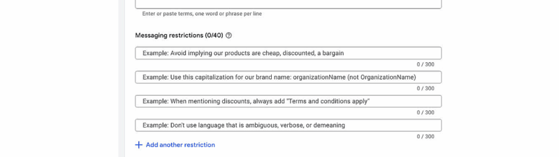 Screenshot of a Google Ads interface titled "Add brand guidelines,” showing AI-Generated Ad Copy and messaging restriction fields, with a red arrow pointing to the “Text Guidelines” section at the top.