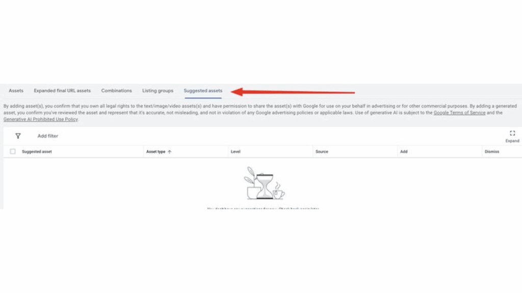 A screenshot of a web page showing a tab labeled "Suggested assets" with a red arrow pointing to it. The page features an AI-powered Asset Suggestions table with column headers but minimal visible content, ideal for Google Ads optimization.