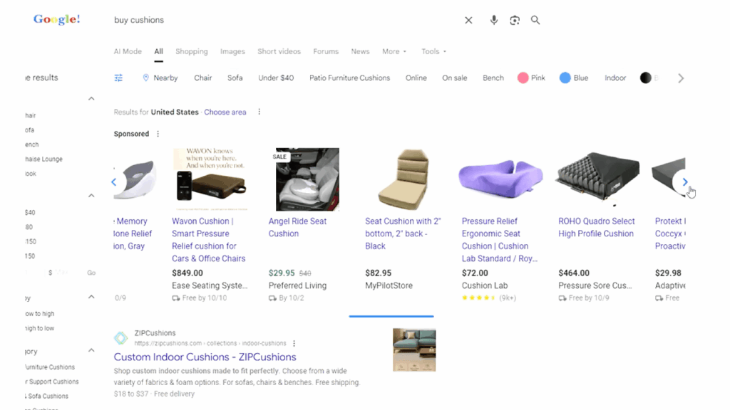 Screenshot of a Google search for "buy cushions" displaying Shopping Ads with images and prices for seat cushions and pillow products. Filter options include Chair, Sofa, Outdoor, Online, Bench, color choices, and a visible progress bar.