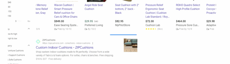Screenshot of a Google search for "buy cushions" displaying Shopping Ads with images and prices for seat cushions and pillow products. Filter options include Chair, Sofa, Outdoor, Online, Bench, color choices, and a visible progress bar.