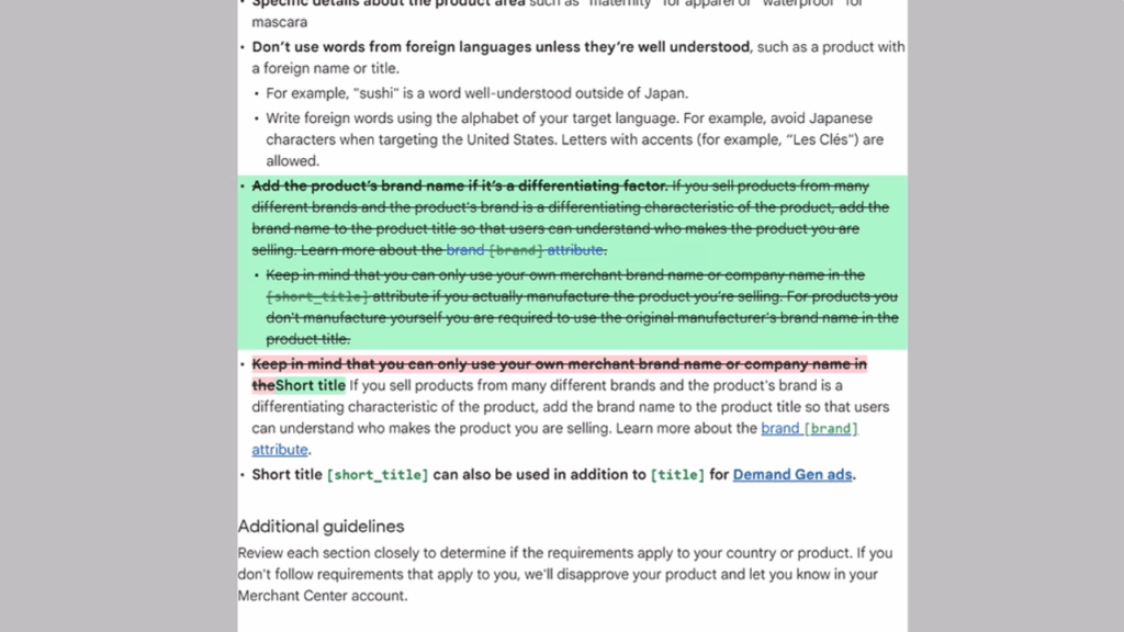 Screenshot of Google’s product title rules for Google Shopping feeds. Text emphasizes SEO best practices like adding a brand name, avoiding multiple brands, and using short titles for Demand Gen ads, with green and red highlights.