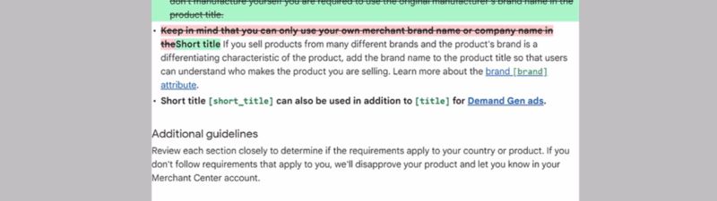 Screenshot of Google’s product title rules for Google Shopping feeds. Text emphasizes SEO best practices like adding a brand name, avoiding multiple brands, and using short titles for Demand Gen ads, with green and red highlights.