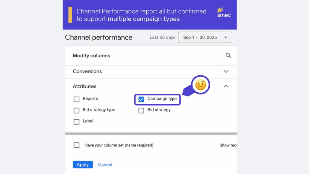 A screenshot of a "Channel Performance Report" web dashboard displays a section for modifying columns. The "Campaign Type" checkbox is selected, highlighted with a magnifying glass and smiley face emoji.