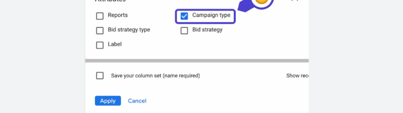 A screenshot of a "Channel Performance Report" web dashboard displays a section for modifying columns. The "Campaign Type" checkbox is selected, highlighted with a magnifying glass and smiley face emoji.