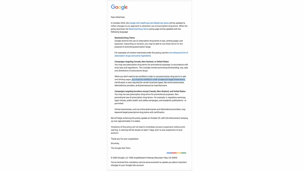 A Google email to advertisers announces updates to the EEA, UK, and Switzerland consent policy, outlining certification needed for personalized ads and keyword targeting. Google logo and footer are visible.