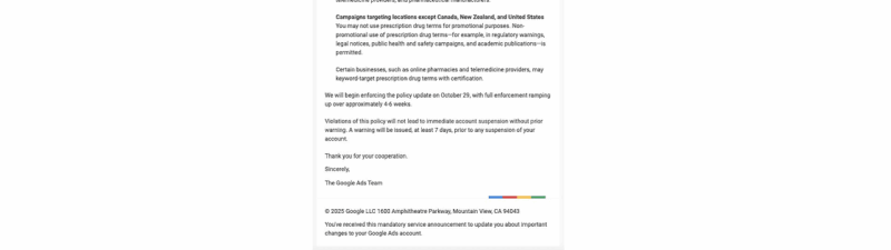 A Google email to advertisers announces updates to the EEA, UK, and Switzerland consent policy, outlining certification needed for personalized ads and keyword targeting. Google logo and footer are visible.