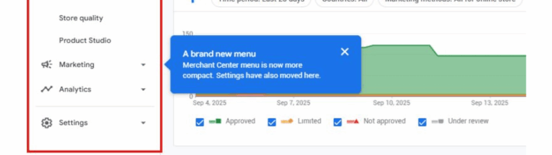 A screenshot of Google Merchant Center Next displays the main menu on the left and Products page on the right, with a blue popup highlighting a new, condensed navigation for easier access.
