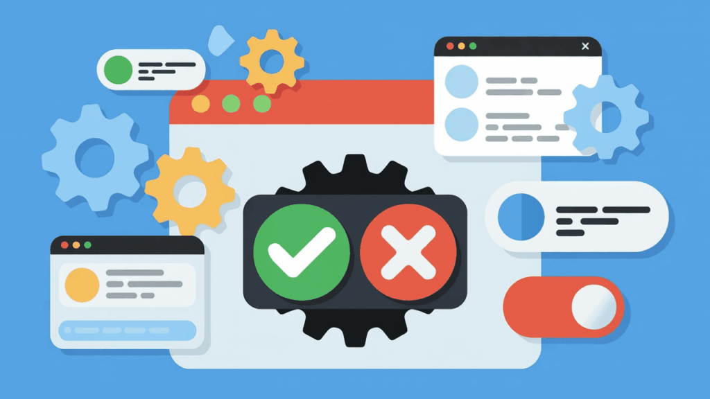 Illustration of web interface elements with gears, dialog boxes, a green check mark, and a red X, symbolizing settings, approval, denial, and online interaction—perfect for depicting consent management or a Consent Management Platform (CMP) on a blue background.