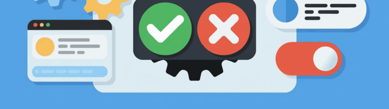 Illustration of web interface elements with gears, dialog boxes, a green check mark, and a red X, symbolizing settings, approval, denial, and online interaction—perfect for depicting consent management or a Consent Management Platform (CMP) on a blue background.