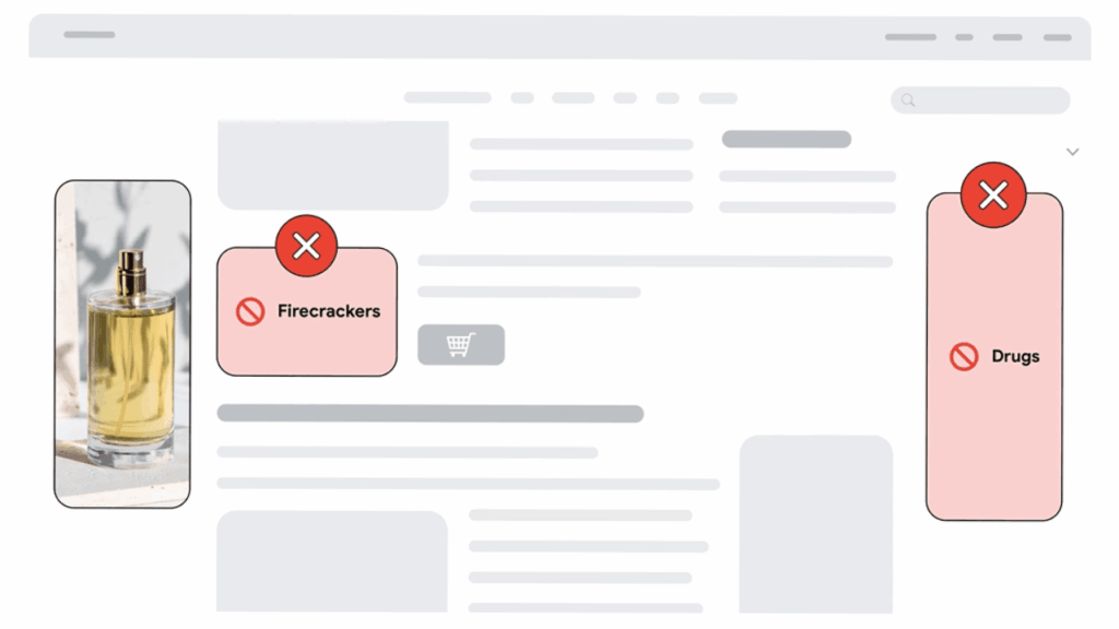A website page displays a perfume bottle image, with two red crossed-out icons labeled "Firecrackers" and "Drugs," illustrating items restricted under Google Ads Policy and highlighting the prohibition of Dangerous Product Promotions.