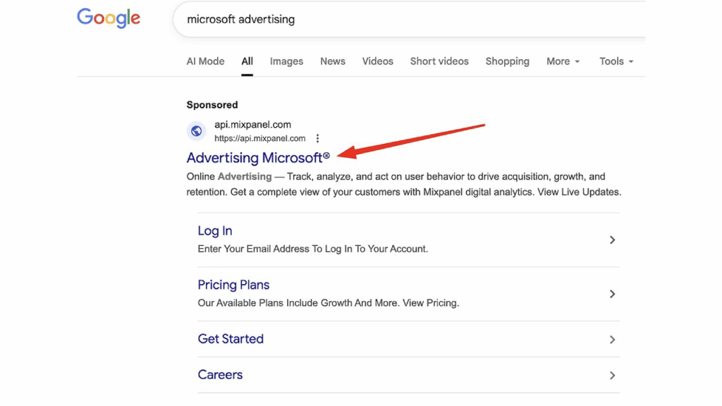 Screenshot of a Google search result for "microsoft advertising," highlighting a sponsored link titled "Advertising Microsoft®" that could be a Fake Microsoft Ad, with a description about tracking and analyzing user behavior.