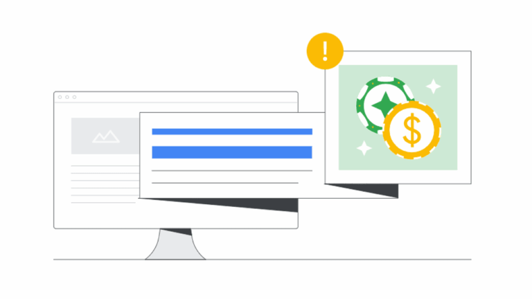 A computer monitor displays a web page and a popup with blue lines, while another popup shows casino chips and a dollar sign with an exclamation mark above it.