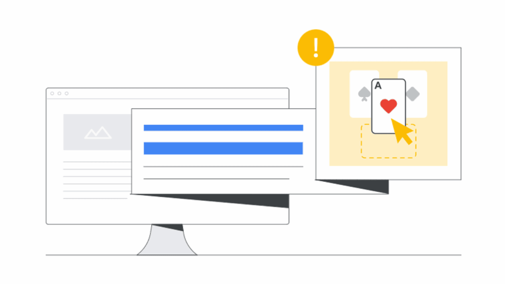 A computer monitor displays text, while a pop-up window shows a hand placing the ace of hearts card onto a stack, with a yellow exclamation mark above, indicating an action or alert.