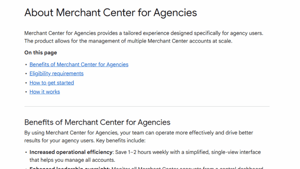 Screenshot of a webpage titled "About Merchant Center for Agencies." The page highlights features like Multi-Client Management, benefits for agencies, and includes links to eligibility requirements and getting started information.
