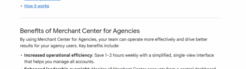 Screenshot of a webpage titled "About Merchant Center for Agencies." The page highlights features like Multi-Client Management, benefits for agencies, and includes links to eligibility requirements and getting started information.