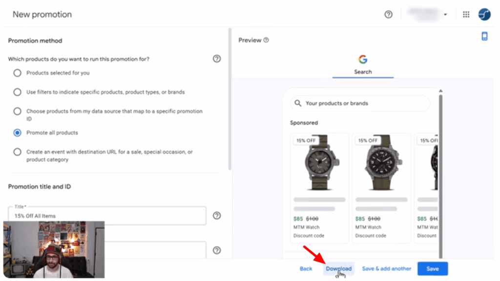 Screenshot of a Google Promotions setup page for Google Ads, showing watch ads preview on the right. A red arrow highlights the "Download" button, indicating the Export Feature at the bottom center of the screen.