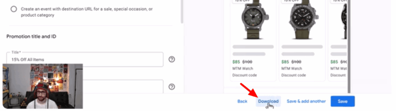 Screenshot of a Google Promotions setup page for Google Ads, showing watch ads preview on the right. A red arrow highlights the "Download" button, indicating the Export Feature at the bottom center of the screen.