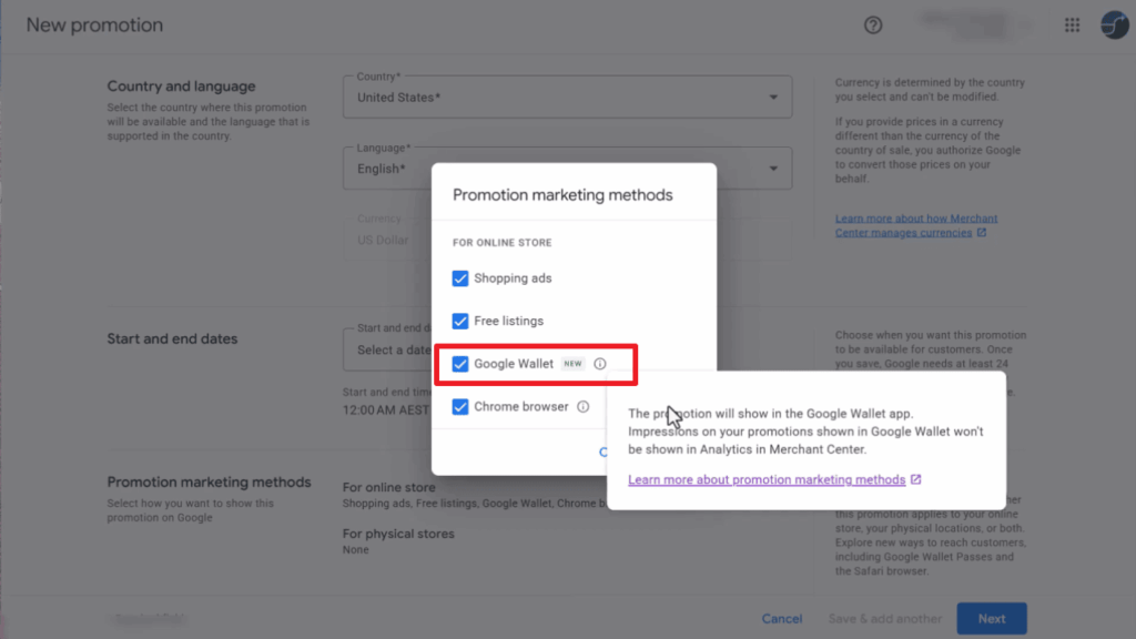 A settings window displays promotion marketing methods with checkboxes for Shopping ads, Free listings, Google Wallet (highlighted), and Chrome browser, plus an explanatory pop-up about Wallet support from Google Merchant Center.