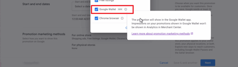 A settings window displays promotion marketing methods with checkboxes for Shopping ads, Free listings, Google Wallet (highlighted), and Chrome browser, plus an explanatory pop-up about Wallet support from Google Merchant Center.