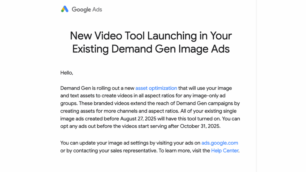 A Google Ads notification about a new Image-to-Video Conversion tool launching in existing Demand Gen image ads, detailing features, timelines, and options for updating ad settings.