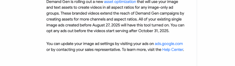 A Google Ads notification about a new Image-to-Video Conversion tool launching in existing Demand Gen image ads, detailing features, timelines, and options for updating ad settings.