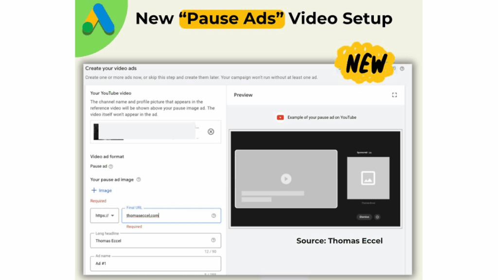Screenshot showing YouTube’s new “Pause Ads” video setup screen, highlighting the launch of this feature for advertisers, with options to upload an image or input a URL and a preview of a pause ad appearing on a paused video. "NEW" feature is emphasized in the text.