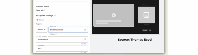 Screenshot showing YouTube’s new “Pause Ads” video setup screen, highlighting the launch of this feature for advertisers, with options to upload an image or input a URL and a preview of a pause ad appearing on a paused video. "NEW" feature is emphasized in the text.