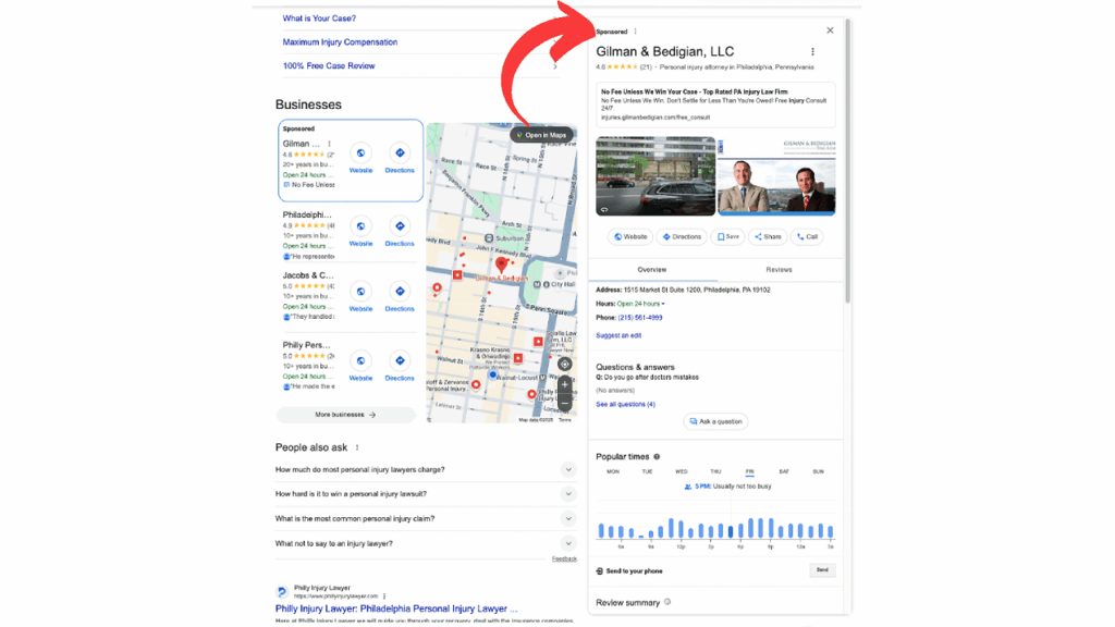 Screenshot of a Google search results page displaying Business Listings for personal injury law firms in Philadelphia, with a map and a highlighted profile for Gilman & Bedigian, LLC showing location, reviews, and details. Google Ad Label is also visible.