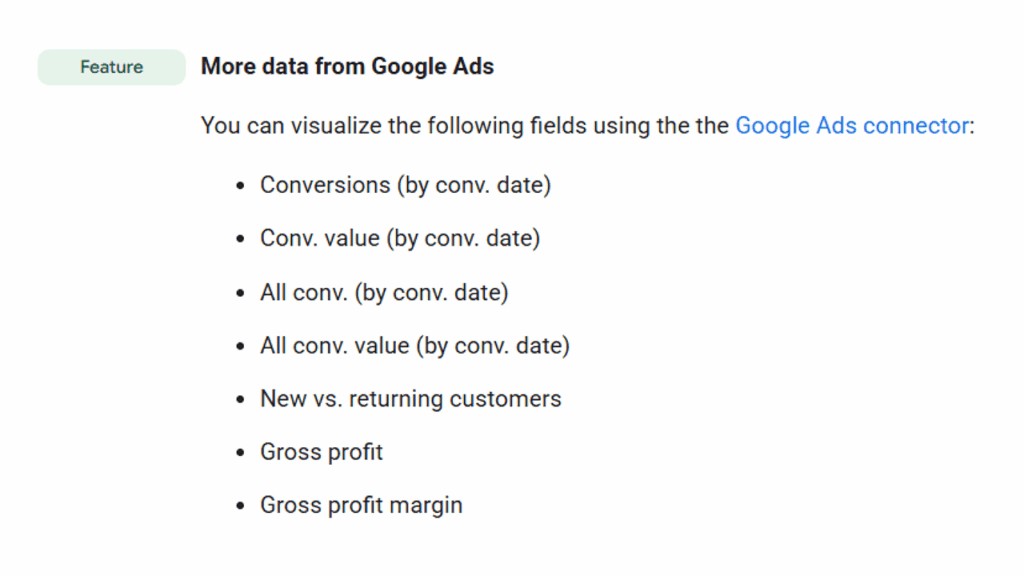 A section titled "More data from Google Ads" lists analytics fields such as conversions, conversion value, new vs. returning customers, gross profit, and gross profit margin, sourced via the Google Ads connector and ideal for optimizing AI-Powered Ads across the EU.