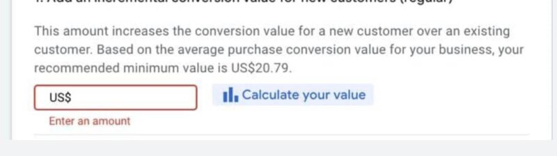 A webpage section titled "Setting for New Customer Acquisition" features a field to add an incremental conversion value for new customers, with a recommended minimum of US$20.79 and a button to calculate the value, supporting effective demand generation.